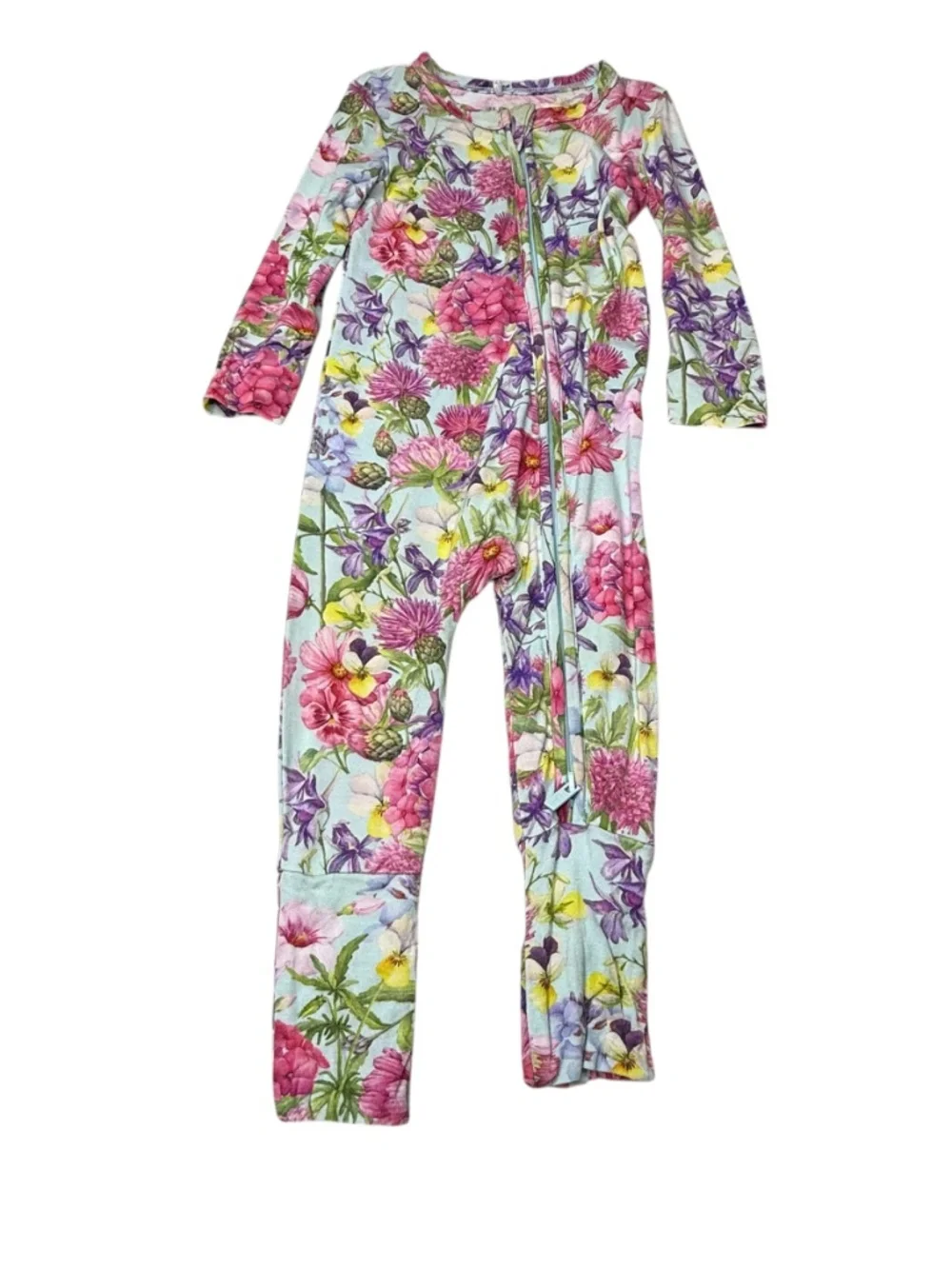 Posh Peanut Floral Zip-Front Onesie in Mint with Pink Blooms